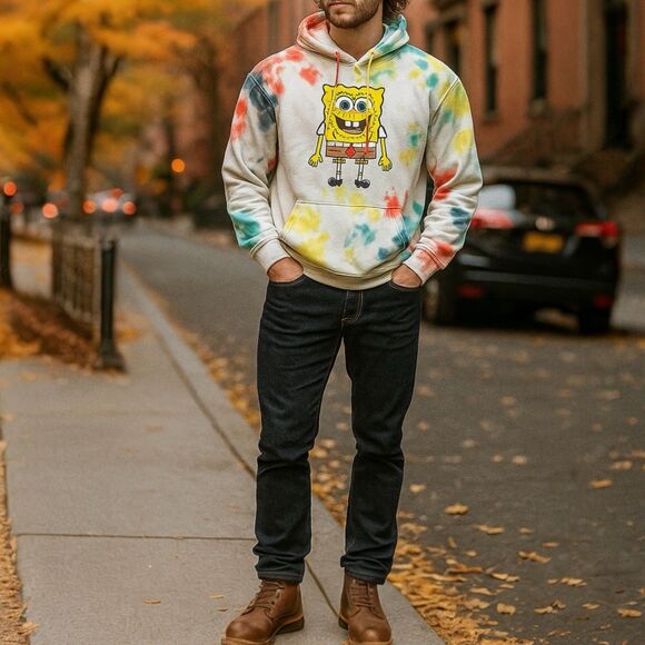 Nickelodeon Hoodie Mens White Tie Dye Colorful SpongeBob Y2K Retro Comfy Size L - Picture 1 of 9